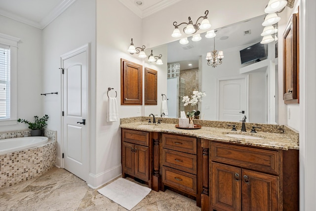 17 Poquito Rd, Shalimar, FL 32579 - full bathroom with double vanity, tiled shower, a garden tub, ornamental molding, and a chandelier