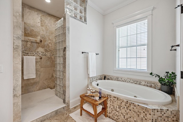 17 Poquito Rd, Shalimar, FL 32579 - bathroom featuring a jetted tub, a walk in shower, plenty of natural light, and ornamental molding