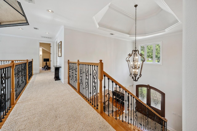 17 Poquito Rd, Shalimar, FL 32579 - hall featuring a chandelier, an upstairs landing, ornamental molding, and recessed lighting