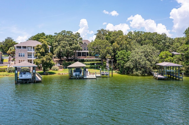 17 Poquito Rd, Shalimar, FL 32579 - dock with boat lift, a water view, and a gazebo