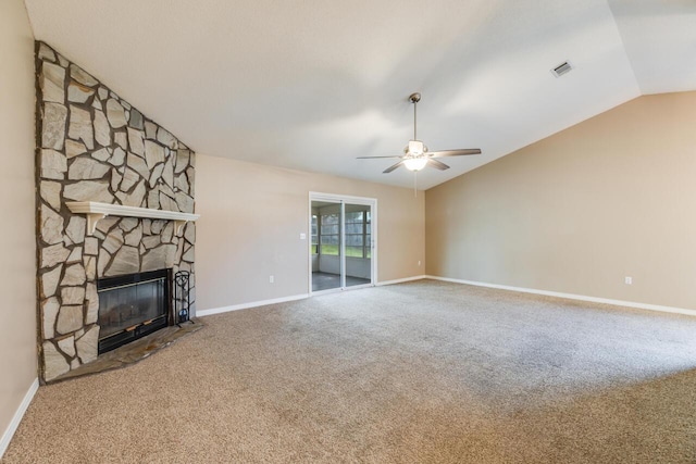 121 Trenton Ave, Crestview, FL 32539 - unfurnished living room featuring carpet floors, lofted ceiling, a fireplace, and ceiling fan