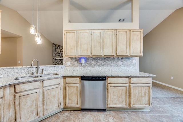 121 Trenton Ave, Crestview, FL 32539 - kitchen featuring dishwasher, vaulted ceiling, light brown cabinetry, backsplash, and light stone countertops
