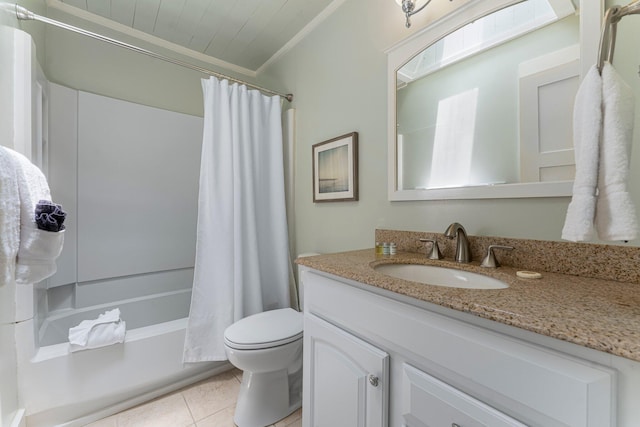 81 Canal St, Santa Rosa Beach, FL 32459 - bathroom with vanity, tile patterned floors, shower / bath combination with curtain, ornamental molding, and wood ceiling