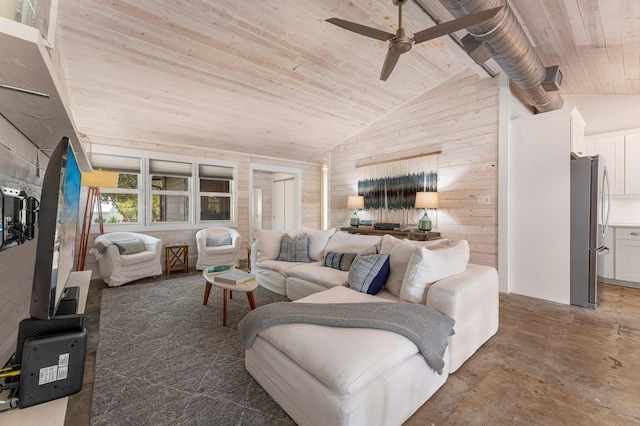 81 Canal St, Santa Rosa Beach, FL 32459 - living room featuring lofted ceiling, wooden ceiling, ceiling fan, wood walls, and concrete floors