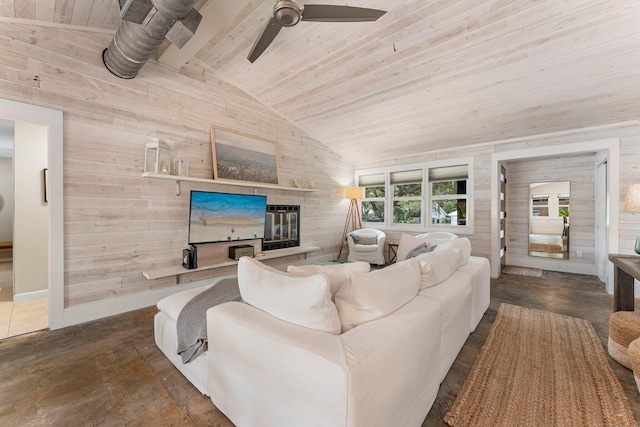 81 Canal St, Santa Rosa Beach, FL 32459 - living area with wood walls, a wood ceiling with exposed beams, a ceiling fan, and high vaulted ceiling