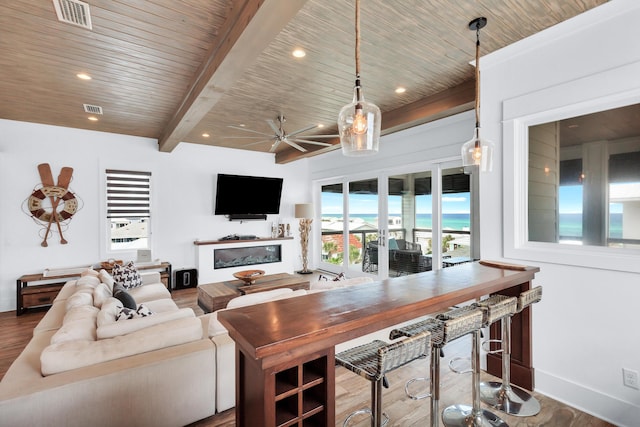 64 S Emerald Cove Ln, Inlet Beach, FL 32461 - living area with ceiling fan, a wooden ceiling with exposed beams, recessed lighting, and wood finished floors