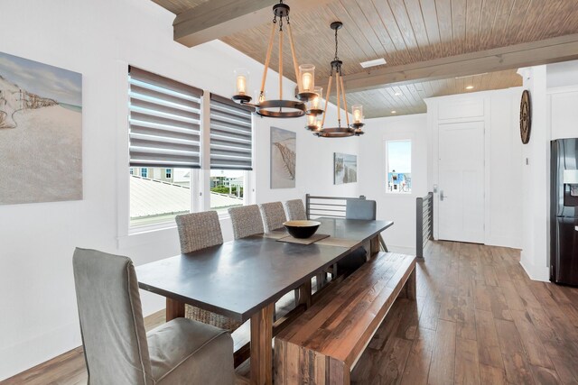 64 S Emerald Cove Ln, Inlet Beach, FL 32461 - dining space with a chandelier, a wood ceiling with exposed beams, and wood finished floors