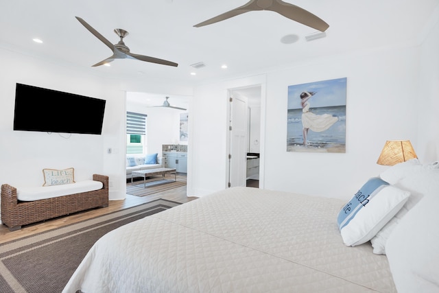 64 S Emerald Cove Ln, Inlet Beach, FL 32461 - bedroom featuring crown molding, wood finished floors, ceiling fan, connected bathroom, and recessed lighting