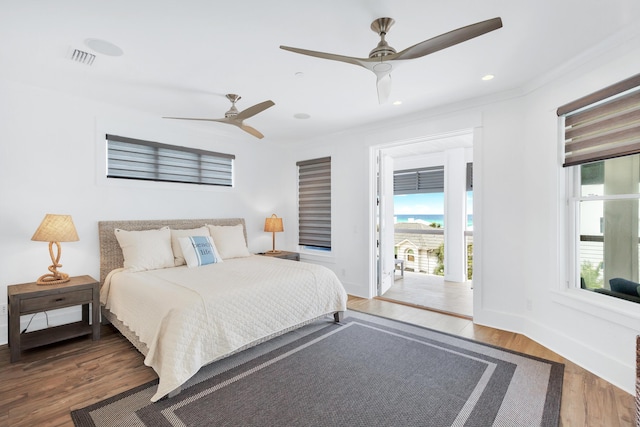 64 S Emerald Cove Ln, Inlet Beach, FL 32461 - bedroom featuring wood finished floors, ceiling fan, access to outside, recessed lighting, and crown molding