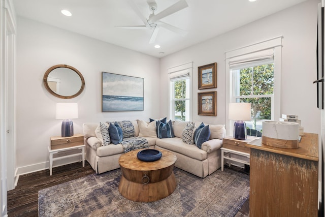 360 Jack Knife Dr, Inlet Beach, FL 32461 - living area featuring a ceiling fan, dark wood finished floors, and recessed lighting