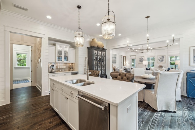 360 Jack Knife Dr, Inlet Beach, FL 32461 - kitchen featuring stainless steel dishwasher, a chandelier, dark wood-type flooring, ornamental molding, and open floor plan