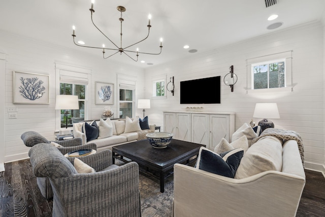 360 Jack Knife Dr, Inlet Beach, FL 32461 - living area featuring ornamental molding, healthy amount of natural light, dark wood-style floors, a chandelier, and recessed lighting
