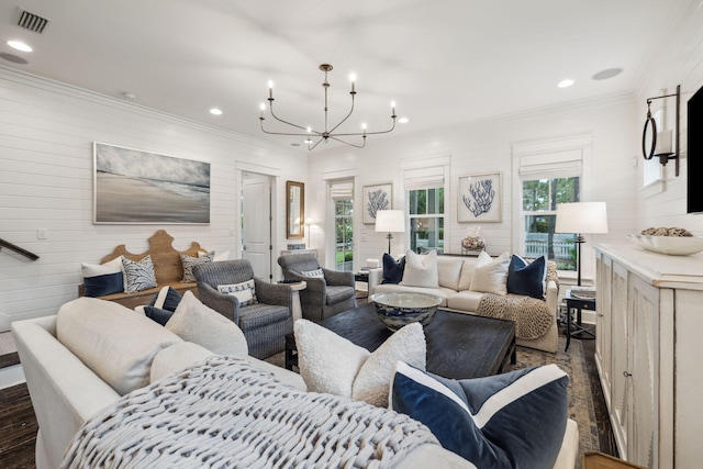360 Jack Knife Dr, Inlet Beach, FL 32461 - living area with crown molding, a chandelier, recessed lighting, wood walls, and dark wood-style floors