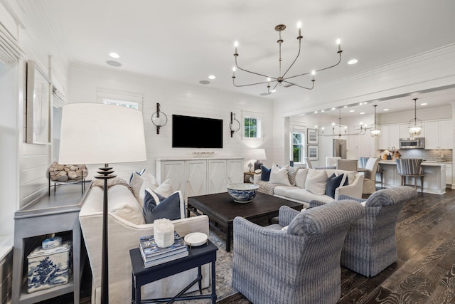 360 Jack Knife Dr, Inlet Beach, FL 32461 - living room with a chandelier, crown molding, dark wood-style floors, recessed lighting, and healthy amount of natural light