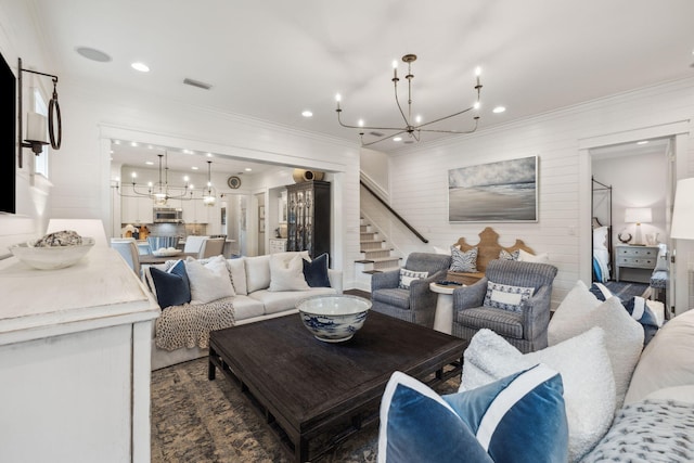 360 Jack Knife Dr, Inlet Beach, FL 32461 - living area with a chandelier, ornamental molding, stairway, and recessed lighting