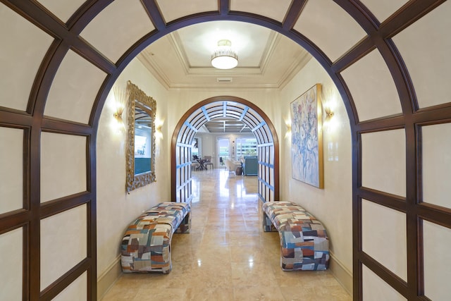 219 Scenic Gulf Dr Unit 930, Miramar Beach, FL 32550 - hallway with french doors, ornamental molding, arched walkways, and coffered ceiling