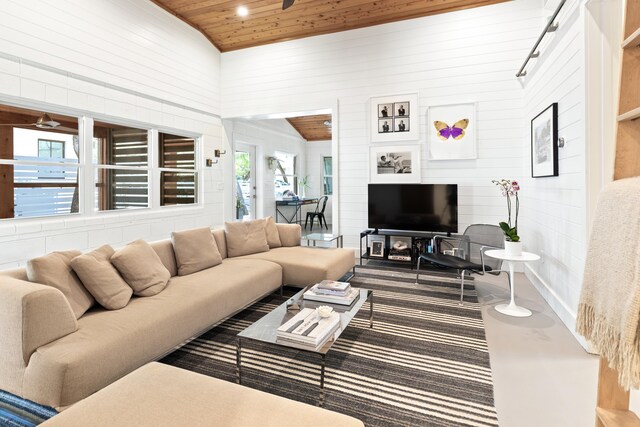 41 E Grove Ave, Santa Rosa Beach, FL 32459 - living area featuring wooden ceiling, wood walls, track lighting, and lofted ceiling
