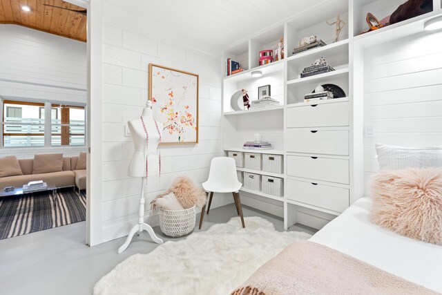 41 E Grove Ave, Santa Rosa Beach, FL 32459 - bedroom featuring concrete floors, wooden ceiling, and vaulted ceiling