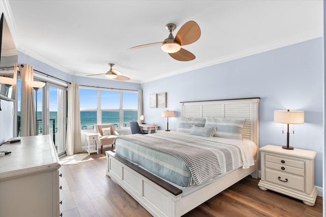 780 Sundial Ct Unit 2001, Fort Walton Beach, FL 32548 - bedroom with ornamental molding, a water view, access to outside, dark wood-type flooring, and a ceiling fan