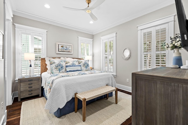 117 W Okeechobee, Santa Rosa Beach, FL 32459 - bedroom with dark wood-type flooring, ornamental molding, recessed lighting, and ceiling fan