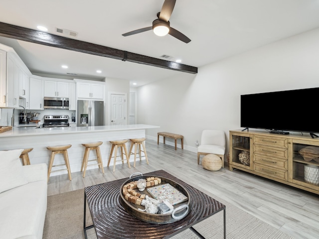 3604 E County Highway 30a Unit D5, Santa Rosa Beach, FL 32459 - living room featuring ceiling fan, light wood finished floors, recessed lighting, and beam ceiling