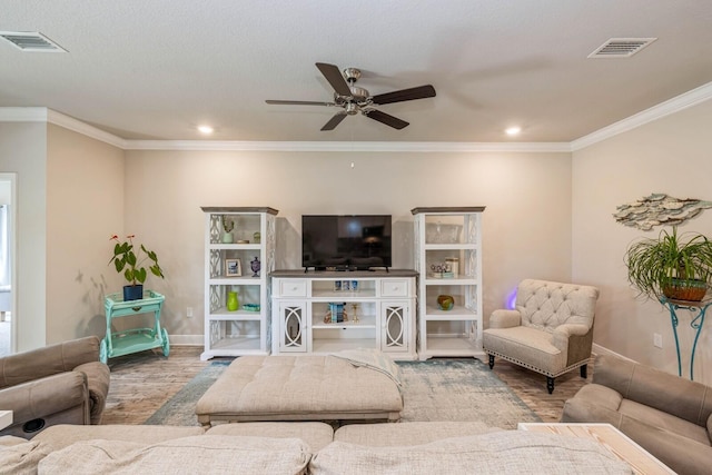 364 Lightning Bug Ln, Freeport, FL 32439 - living area featuring wood finished floors, ornamental molding, ceiling fan, and recessed lighting