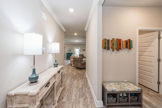 364 Lightning Bug Ln, Freeport, FL 32439 - hallway with ornamental molding, light wood-style flooring, and recessed lighting