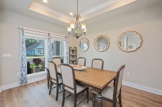 2405 Dakota Way, Crestview, FL 32536 - dining space with a chandelier, a raised ceiling, wood finished floors, and recessed lighting