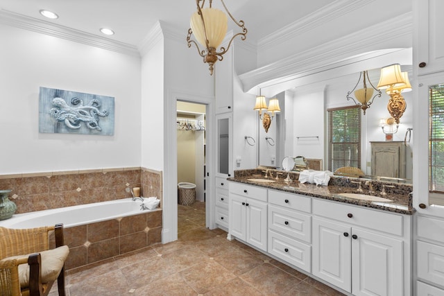 176 Rue Martine, Miramar Beach, FL 32550 - full bath with double vanity, a garden tub, ornamental molding, tile patterned flooring, and recessed lighting
