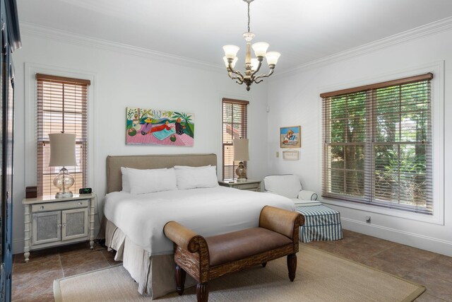 176 Rue Martine, Miramar Beach, FL 32550 - bedroom featuring ornamental molding, a chandelier, and tile patterned flooring