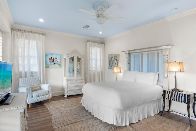 176 Rue Martine, Miramar Beach, FL 32550 - bedroom featuring ornamental molding, wood finished floors, ceiling fan, and recessed lighting