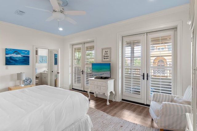 176 Rue Martine, Miramar Beach, FL 32550 - bedroom with french doors, access to exterior, crown molding, wood finished floors, and ceiling fan