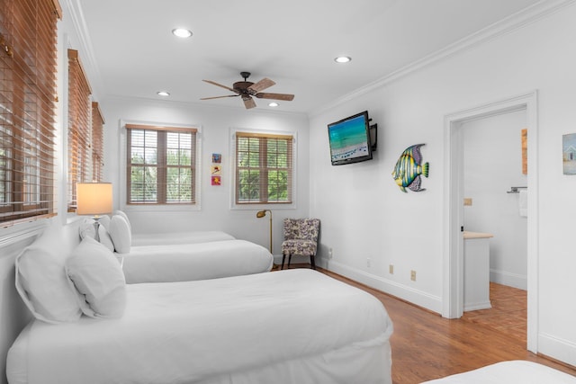 176 Rue Martine, Miramar Beach, FL 32550 - bedroom with crown molding, wood finished floors, recessed lighting, and ceiling fan