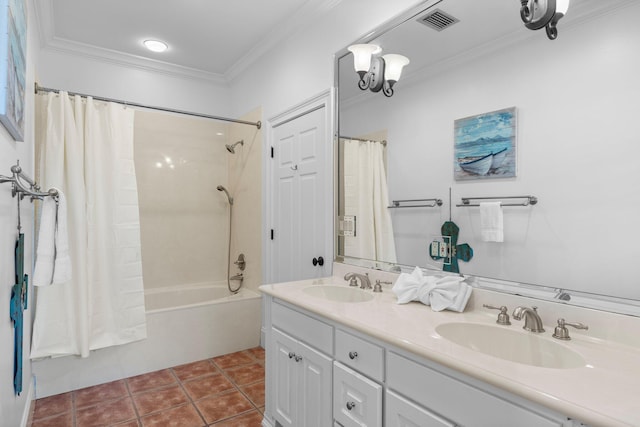 176 Rue Martine, Miramar Beach, FL 32550 - bathroom featuring shower / bath combo, double vanity, ornamental molding, and tile patterned flooring