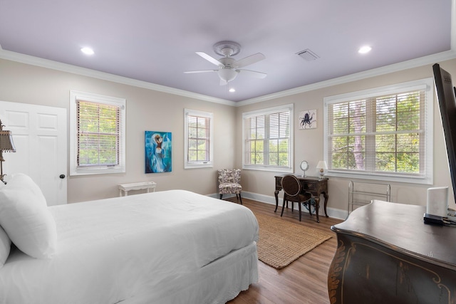 176 Rue Martine, Miramar Beach, FL 32550 - bedroom featuring wood finished floors, crown molding, ceiling fan, and recessed lighting