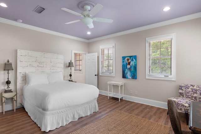 176 Rue Martine, Miramar Beach, FL 32550 - bedroom featuring crown molding, multiple windows, wood finished floors, recessed lighting, and ceiling fan