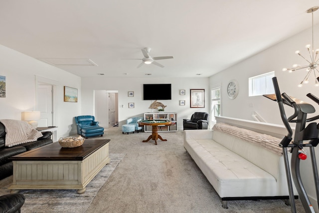 234 Grande Pointe Cir, Inlet Beach, FL 32461 - living area with attic access, light colored carpet, a ceiling fan, and a chandelier