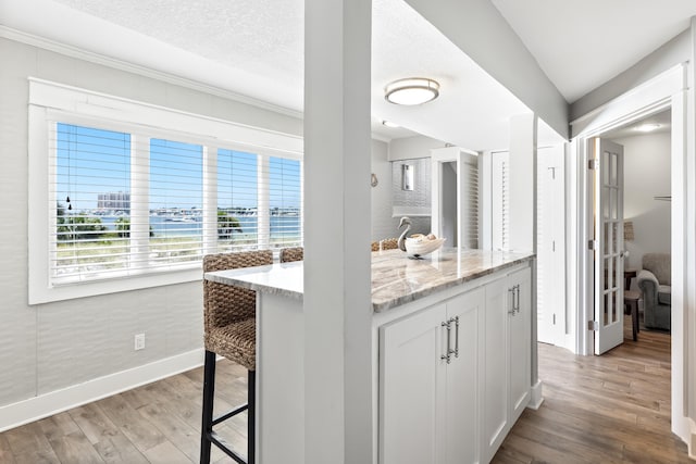 415 Gulf Shore Dr Unit 1, Destin, FL 32541 - kitchen featuring light wood-style floors, light stone countertops, white cabinets, a water view, and crown molding