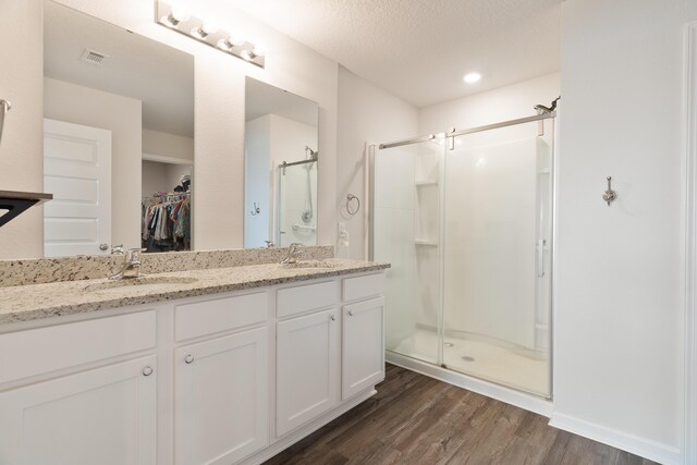 919 Sandbar Loop, Crestview, FL 32539 - full bath featuring a stall shower, wood finished floors, double vanity, a walk in closet, and a textured ceiling