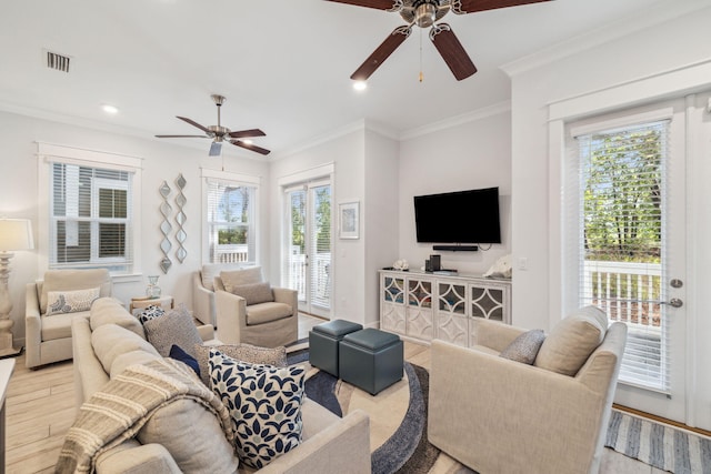 309 Milestone Dr Unit A, Inlet Beach, FL 32461 - living area with a ceiling fan, light wood finished floors, healthy amount of natural light, crown molding, and recessed lighting