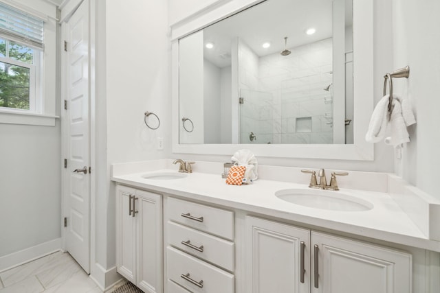 309 Milestone Dr Unit A, Inlet Beach, FL 32461 - full bath with a marble finish shower, marble look tile flooring, double vanity, and recessed lighting