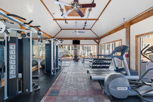 104 Village Blvd Apt 615, Santa Rosa Beach, FL 32459 - exercise room featuring a ceiling fan and lofted ceiling