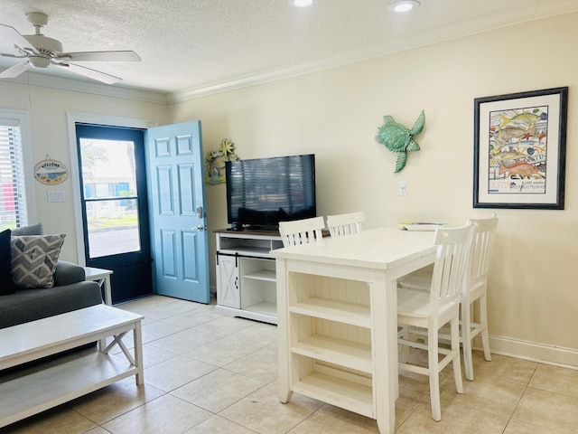 3100 Scenic Highway 98 Unit 118, Destin, FL 32541 - dining space featuring crown molding, light tile patterned flooring, ceiling fan, a textured ceiling, and recessed lighting