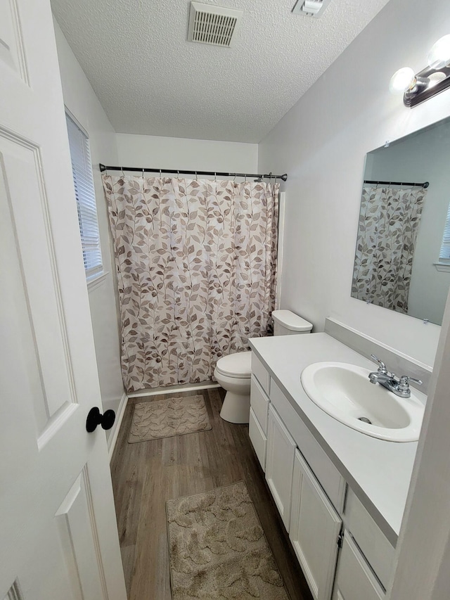 6868 E Bay Blvd, Navarre, FL 32566 - bathroom featuring vanity, wood finished floors, a textured ceiling, and a shower with shower curtain