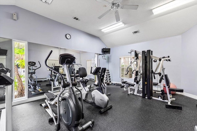 4276 Calinda Ln Apt 138, Niceville, FL 32578 - gym featuring lofted ceiling, ceiling fan, and a textured ceiling