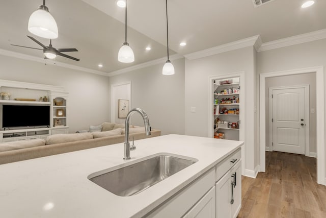 124 Apollo Ave, Freeport, FL 32439 - kitchen featuring open floor plan, ornamental molding, decorative light fixtures, white cabinets, and light wood finished floors