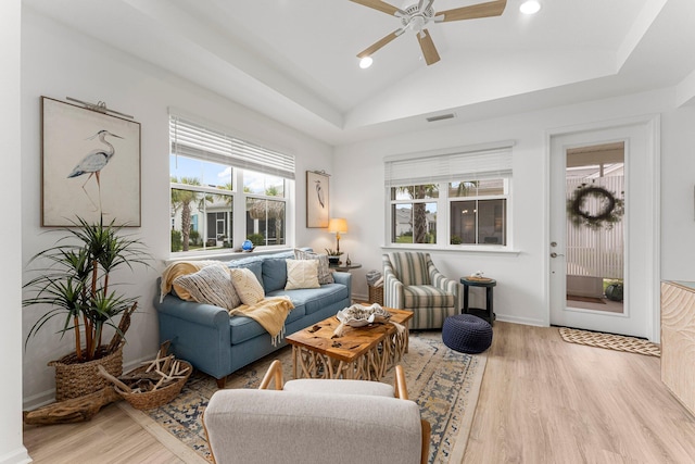 8668 Shell Sink Dr, Panama City Beach, FL 32413 - living room with wood finished floors, ceiling fan, vaulted ceiling, and recessed lighting