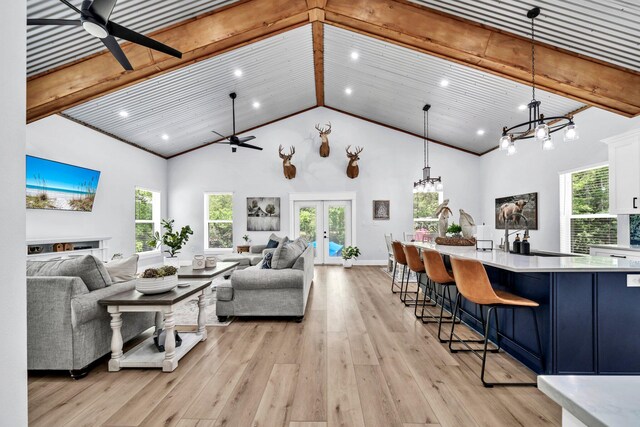 52 Lazy Bone St, Vernon, FL 32462 - living room featuring a ceiling fan, high vaulted ceiling, light wood-style flooring, recessed lighting, and beam ceiling