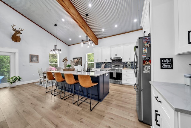 52 Lazy Bone St, Vernon, FL 32462 - kitchen with appliances with stainless steel finishes, high vaulted ceiling, a breakfast bar area, tasteful backsplash, and under cabinet range hood