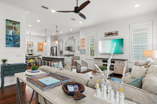 137 Cabana Trl, Santa Rosa Beach, FL 32459 - living area with a ceiling fan, dark wood-style floors, recessed lighting, and ornamental molding